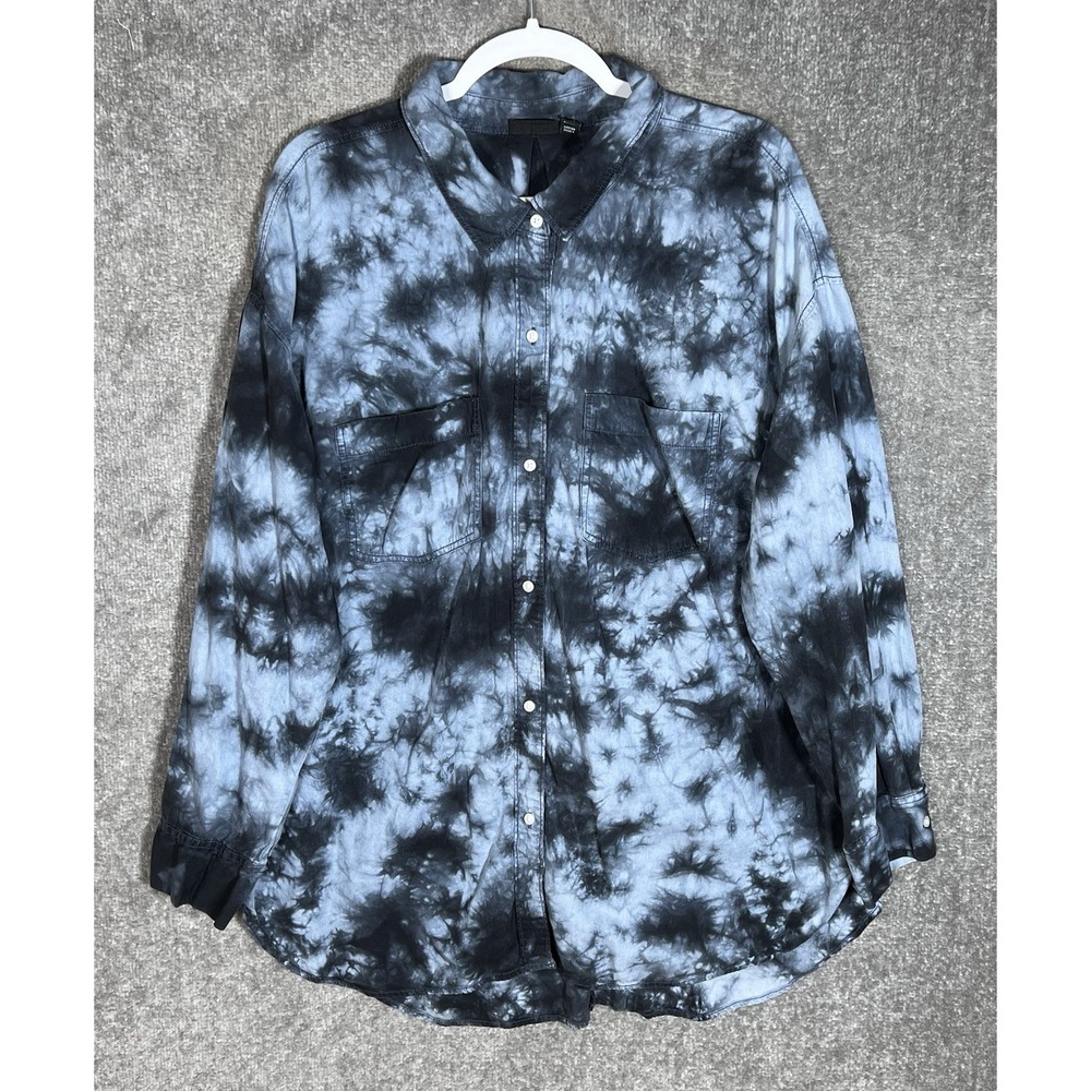 a.n.a. Button Up Top Womens Size 2X Blue Tie Dye Back Hem Slit Chest Pockets